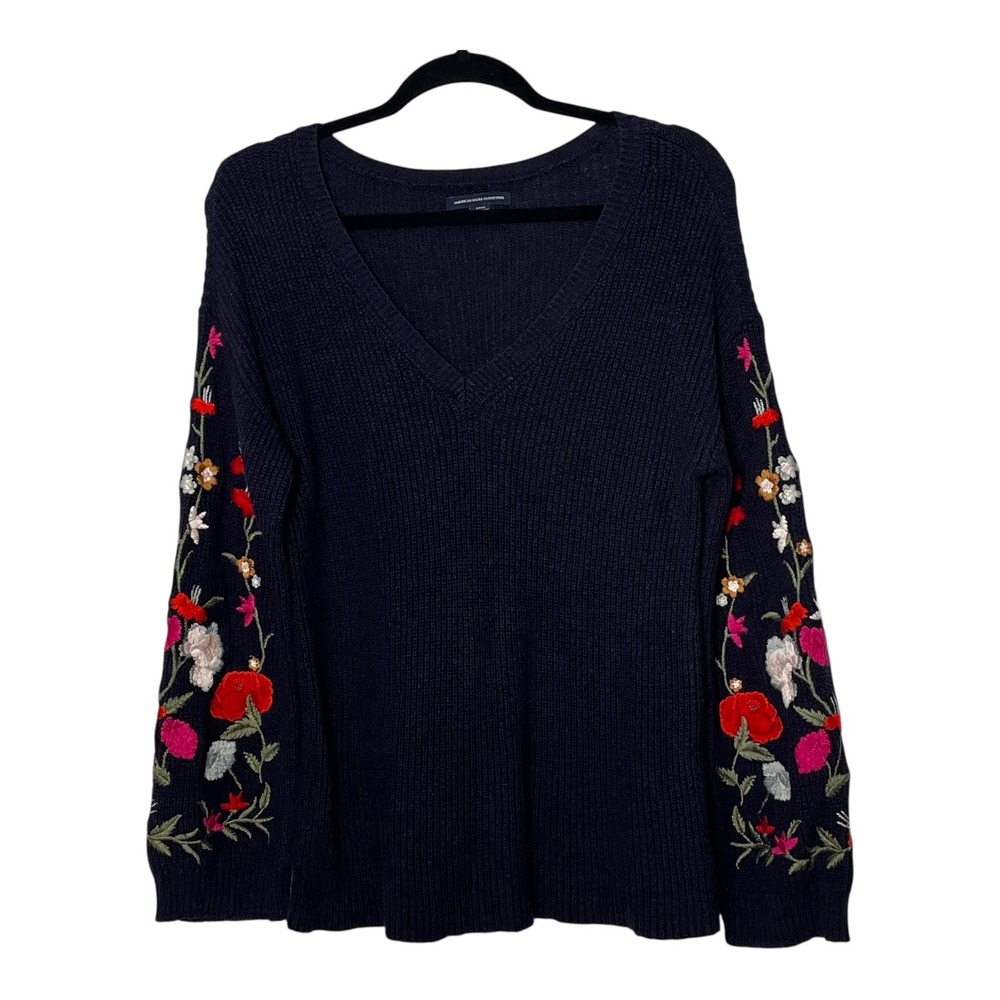 American Eagle Navy Blue Ribbed V-Neck Floral Embroidered Sleeve Sweater S